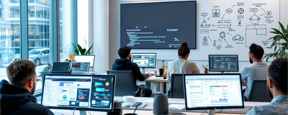 Développeurs travaillant dans un centre de formation moderne sur les langages de programmation les plus demandés en 2025