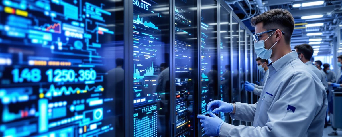 Techniciens configurant des équipements dans un centre de données