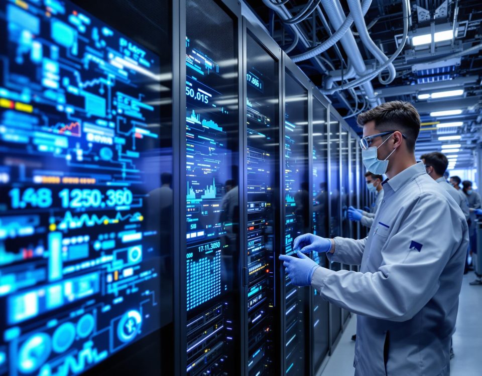 Techniciens configurant des équipements dans un centre de données